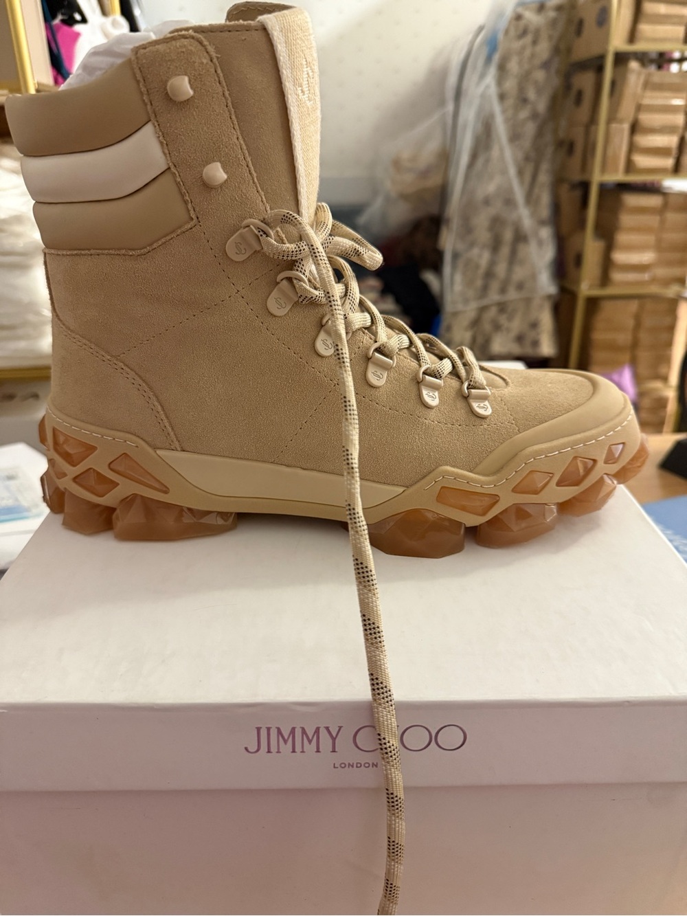 Jimmy Choo Diamond Beige Suede Lace-Up Combat Boot